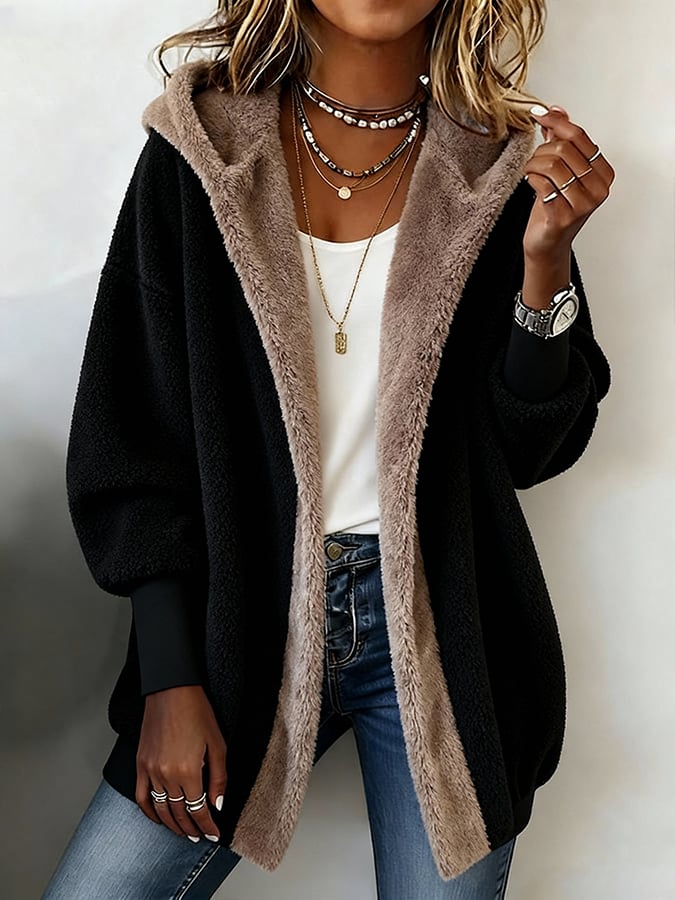 Oversized gefütterte Kunstfellkapuzenjacke mit offener Front