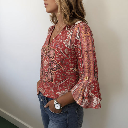 Rot gemusterte Bluse im Bohemian-Stil