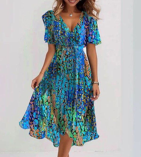 Besonderes blaues kurzärmeliges Midikleid