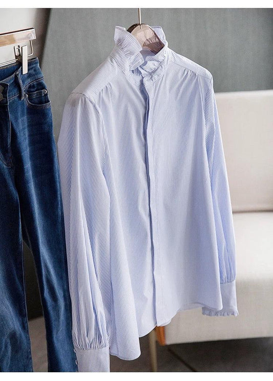 Damen Langarm Rüschen Stehkragen Blau gestreiftes Hemd