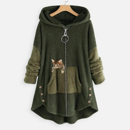 Kapuzenpullover aus Fleece mit Katzenprint und geräumigen Taschen