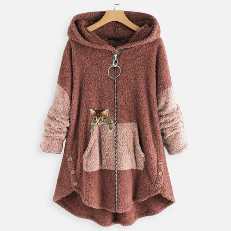 Kapuzenpullover aus Fleece mit Katzenprint und geräumigen Taschen