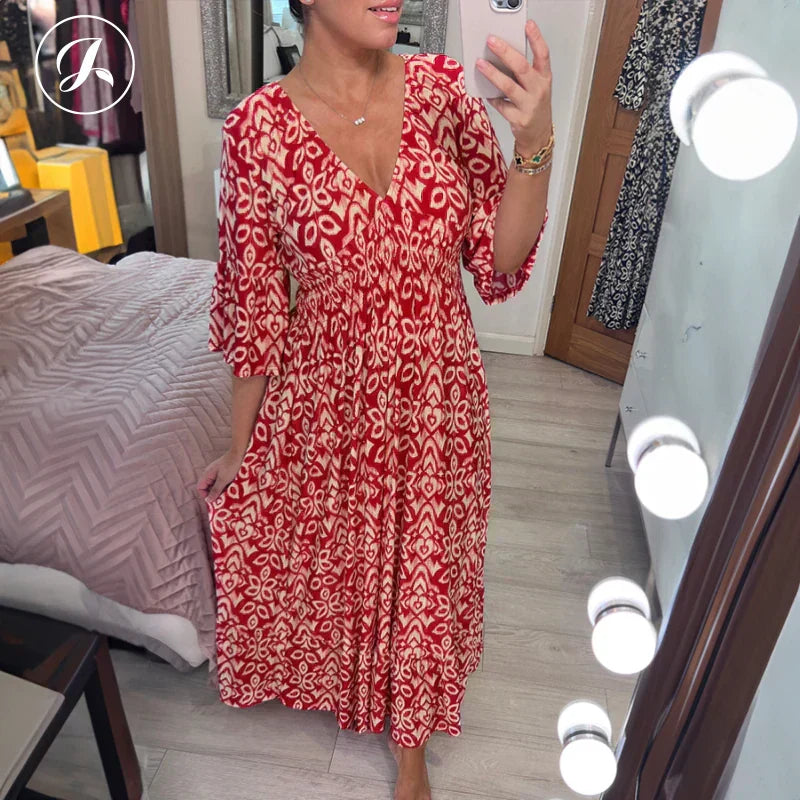 Böhmisches lässiges V-Ausschnitt Wickelkleid mit Print