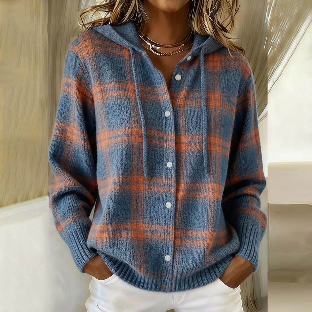 Blau karierter Button-Down-Kapuzenpullover
