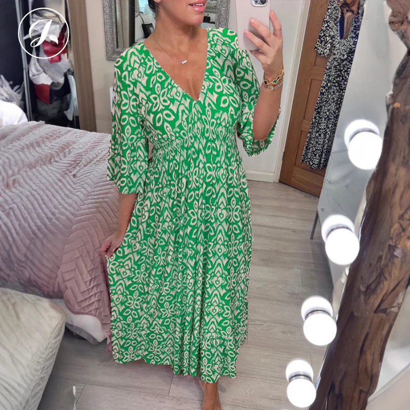 Böhmisches lässiges V-Ausschnitt Wickelkleid mit Print
