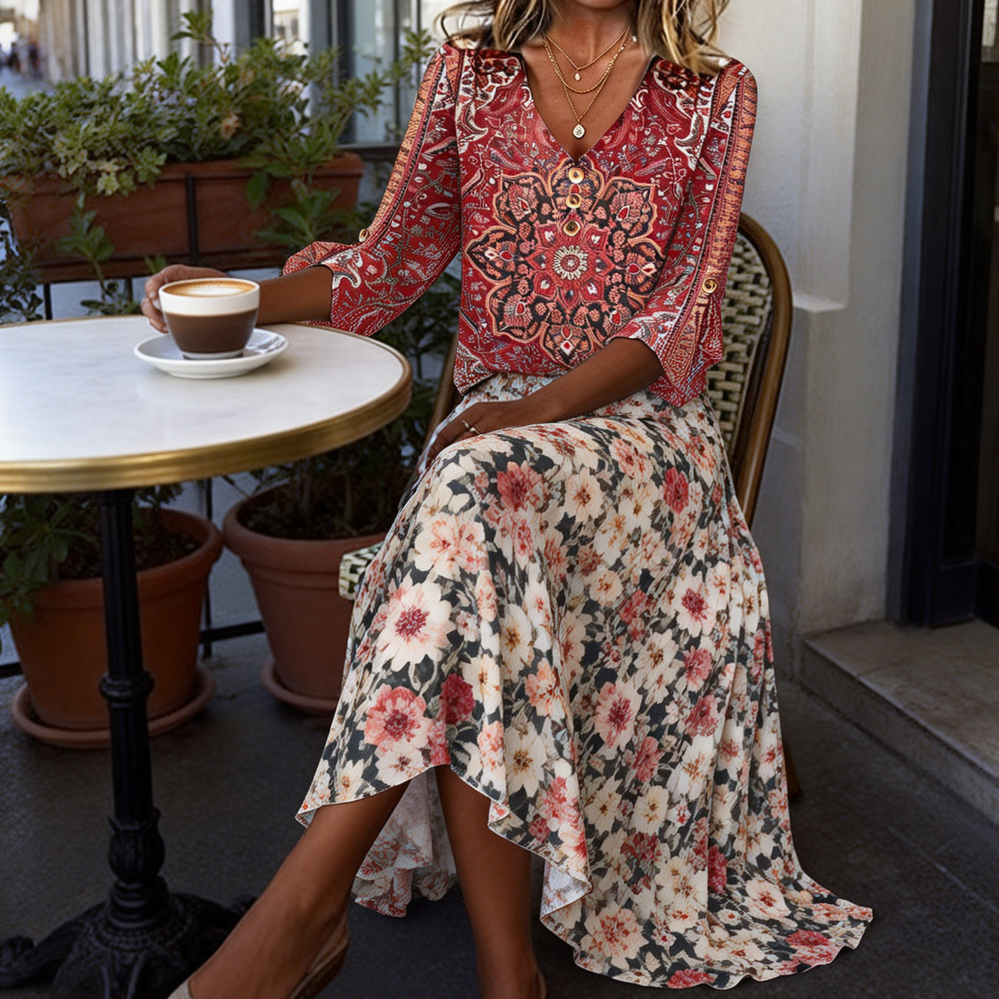 Rot gemusterte Bluse im Bohemian-Stil
