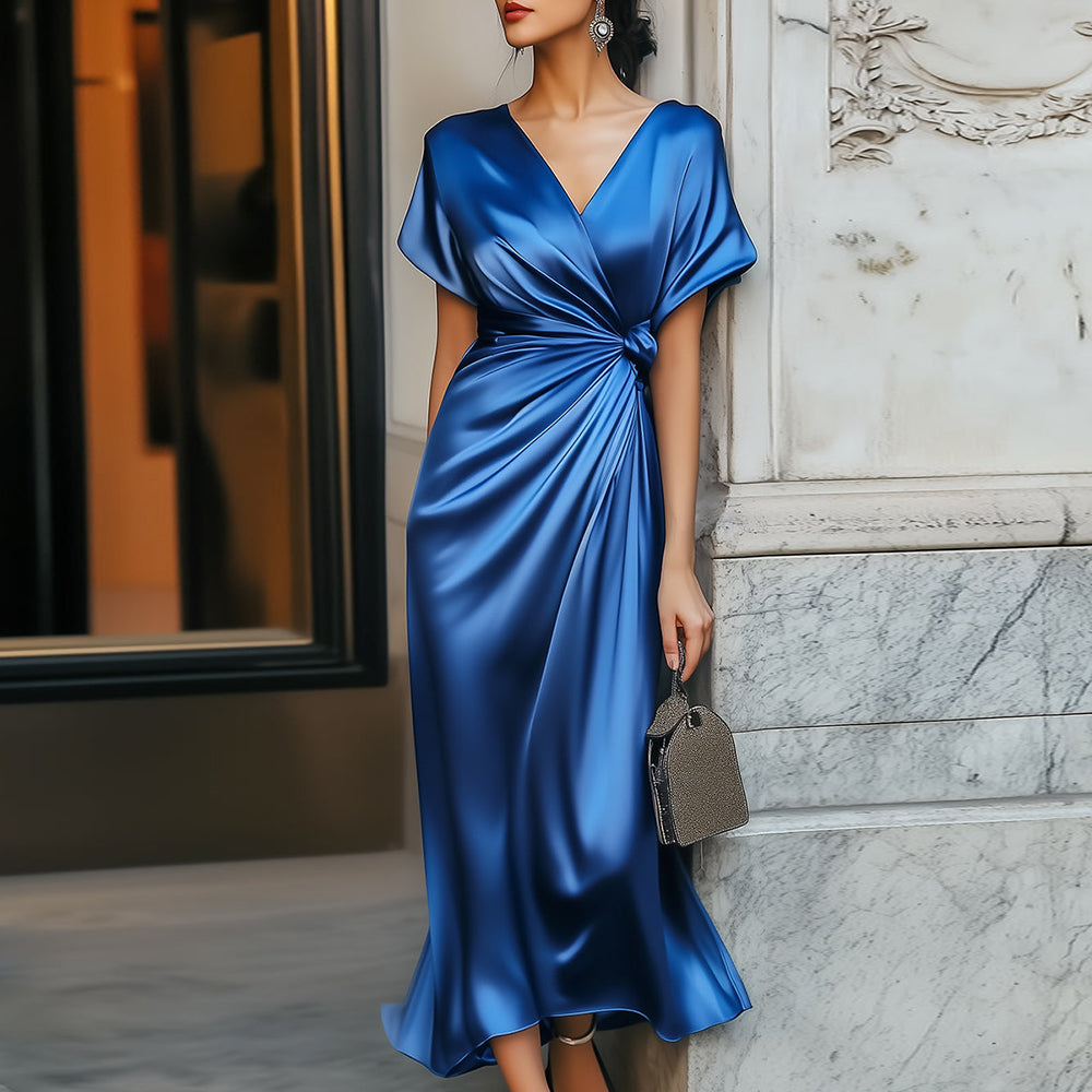 Einzigartiges V-Ausschnitt, einfarbiges, kurzärmeliges Midikleid