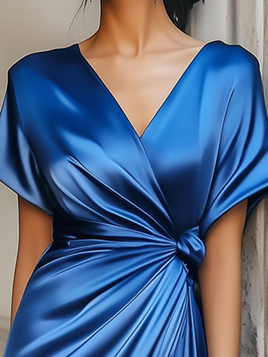 Einzigartiges V-Ausschnitt, einfarbiges, kurzärmeliges Midikleid