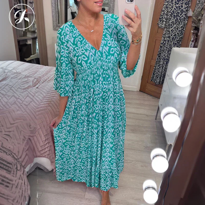 Böhmisches lässiges V-Ausschnitt Wickelkleid mit Print