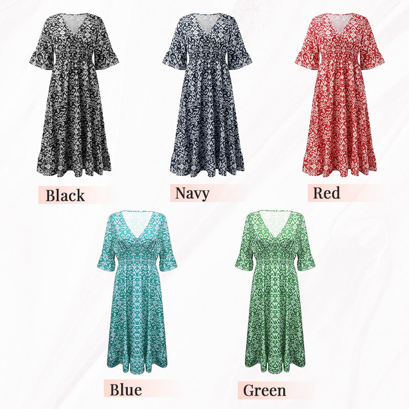 Böhmisches lässiges V-Ausschnitt Wickelkleid mit Print
