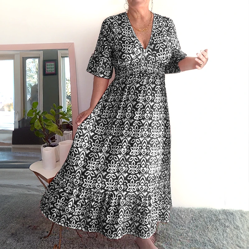 Böhmisches lässiges V-Ausschnitt Wickelkleid mit Print