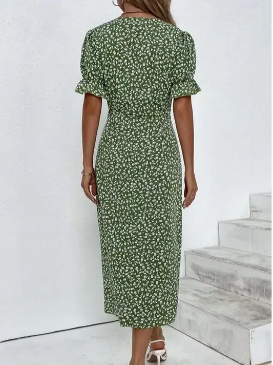 Kurzärmeliges grünes Midikleid mit Blumenmuster und Knopfleiste