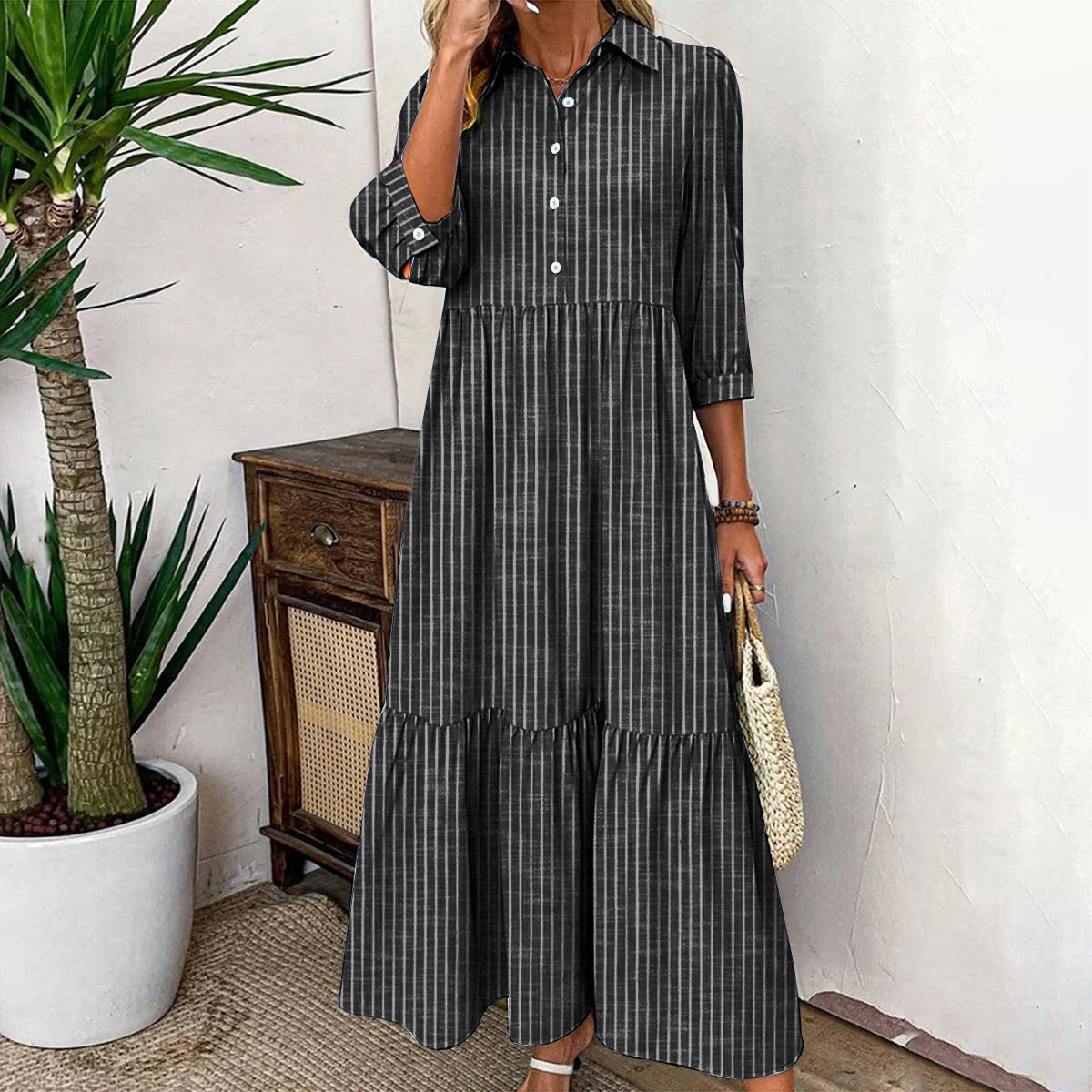 Luftiges, gestreiftes Maxikleid mit 3/4-Ärmeln