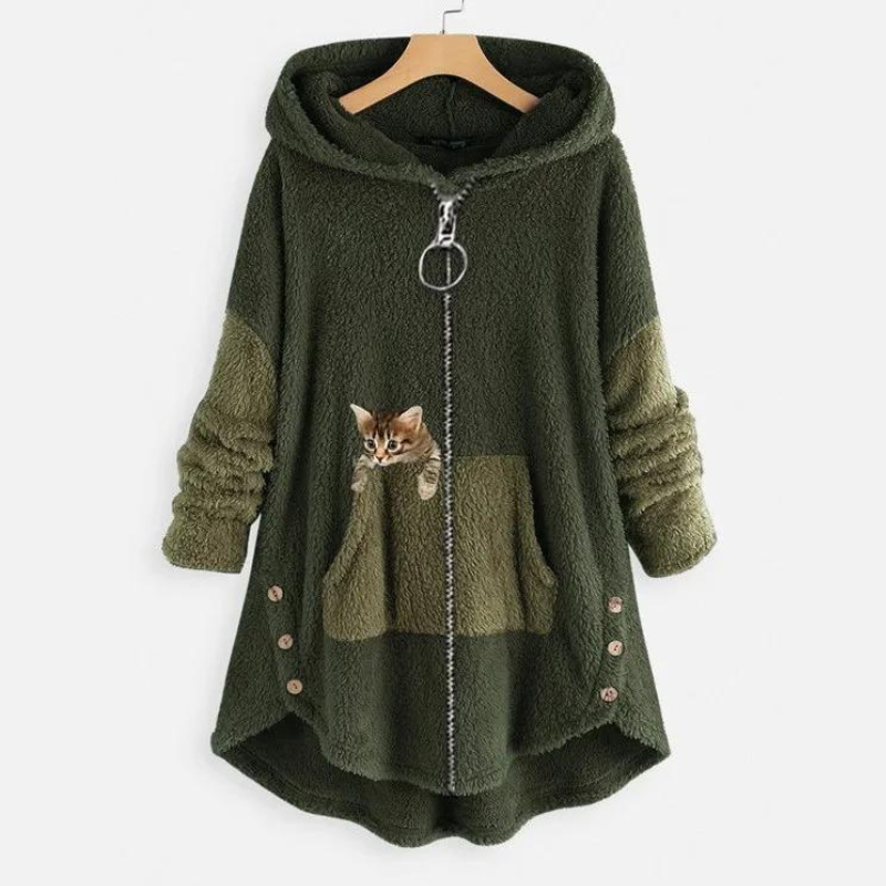 Kapuzenpullover aus Fleece mit Katzenprint und geräumigen Taschen