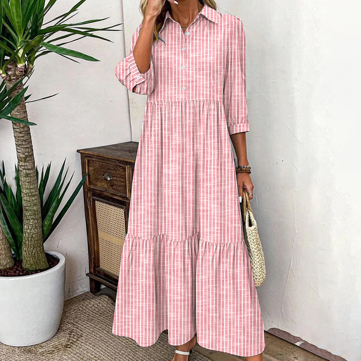 Luftiges, gestreiftes Maxikleid mit 3/4-Ärmeln
